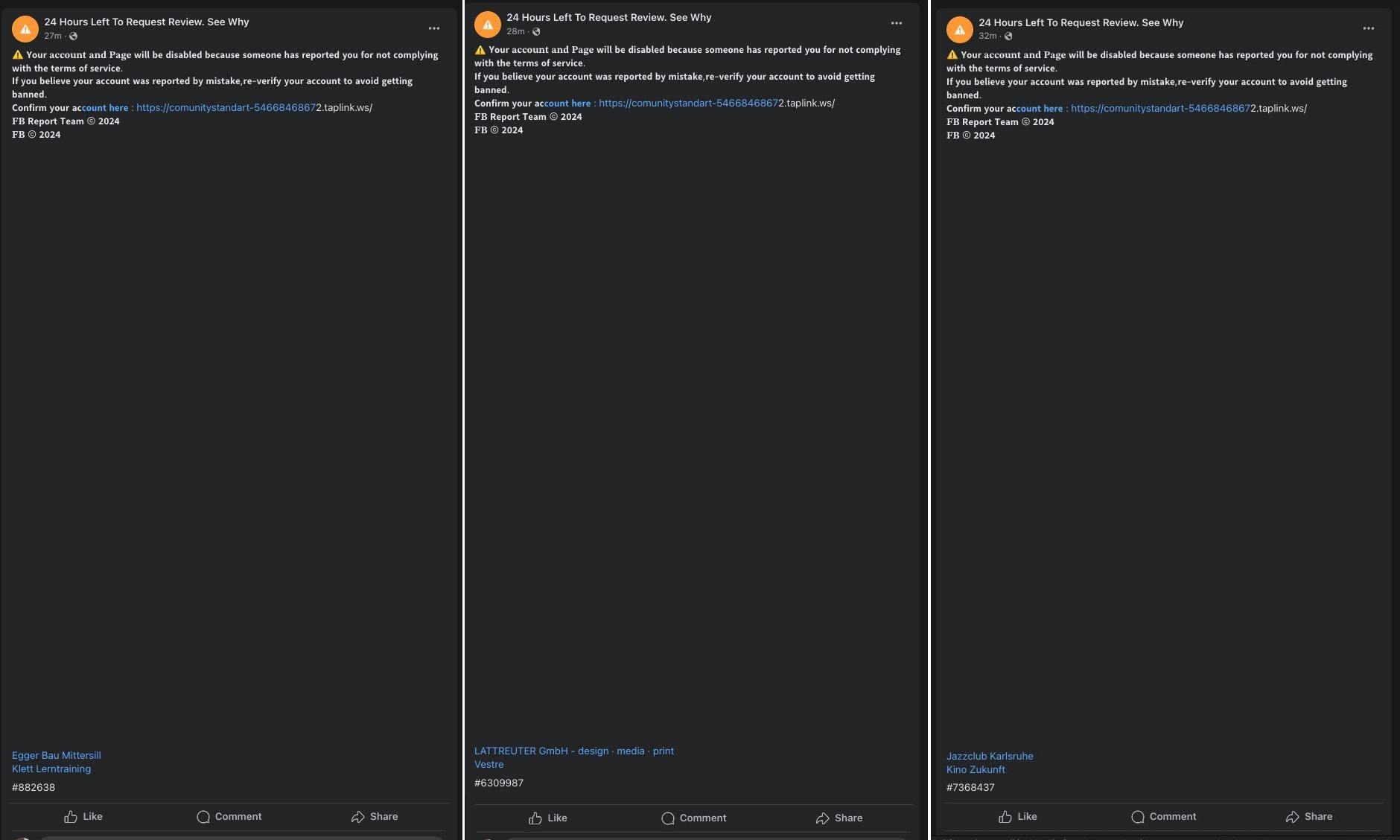 Посты злоумышленников с отметками аккаунтов организаций