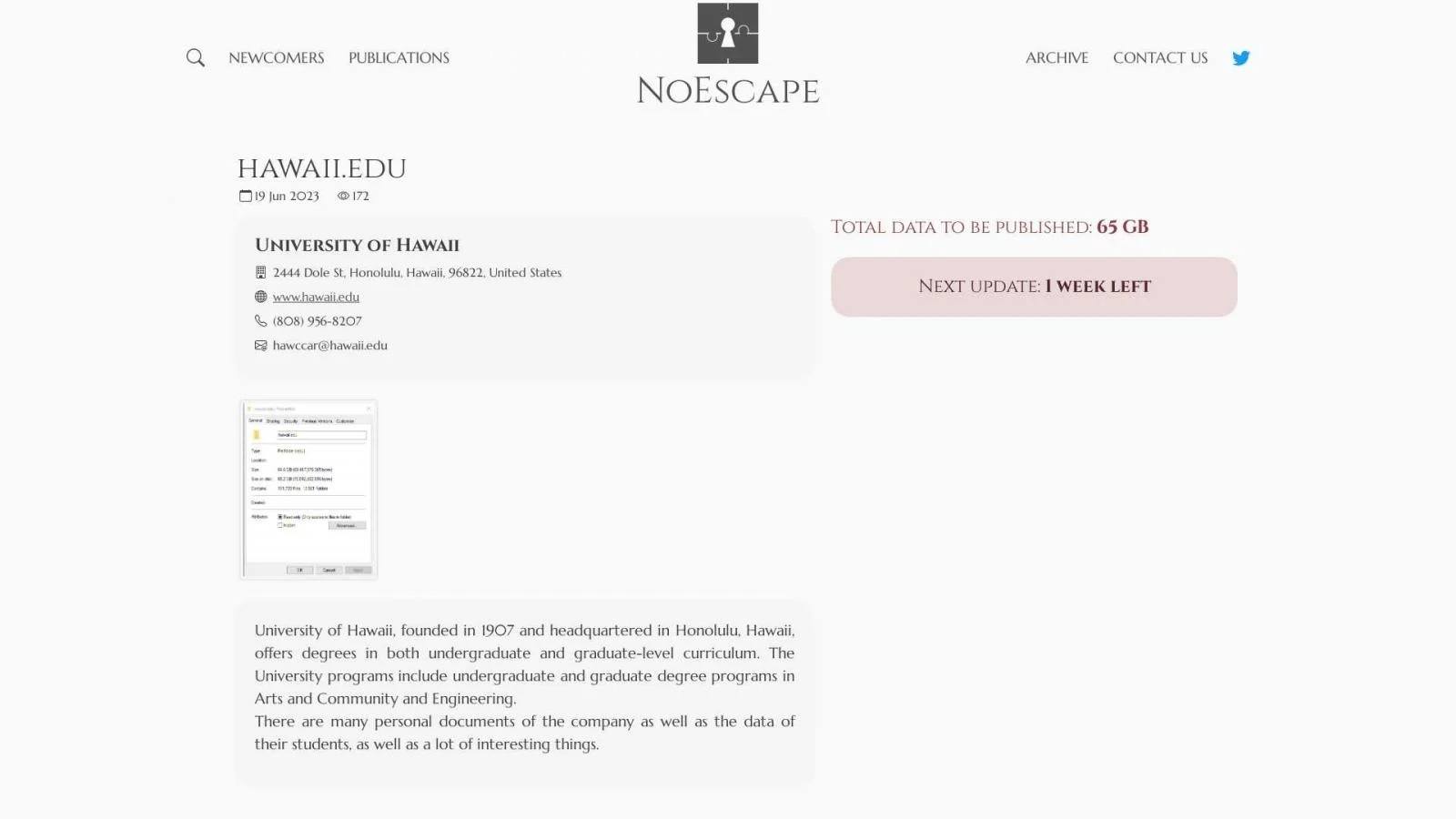 NoEscape ransomware attack on the University of Hawaii