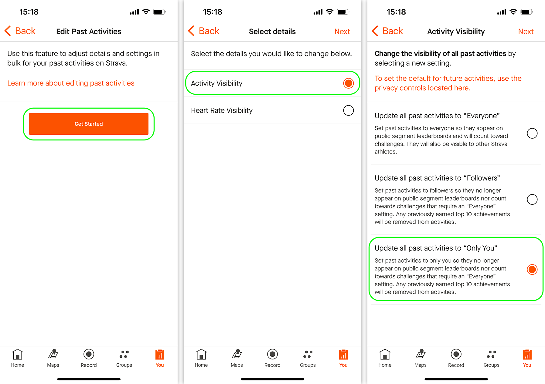 Privacy settings for past activities in the Strava running app