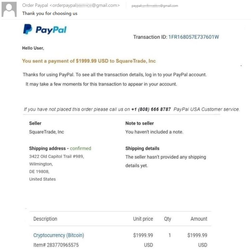 Fake PayPal notification, including the scammers' phone number, of a "Cryptocurrency (Bitcoin)" purchase