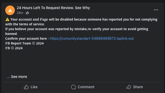 Phishing notification in Facebook