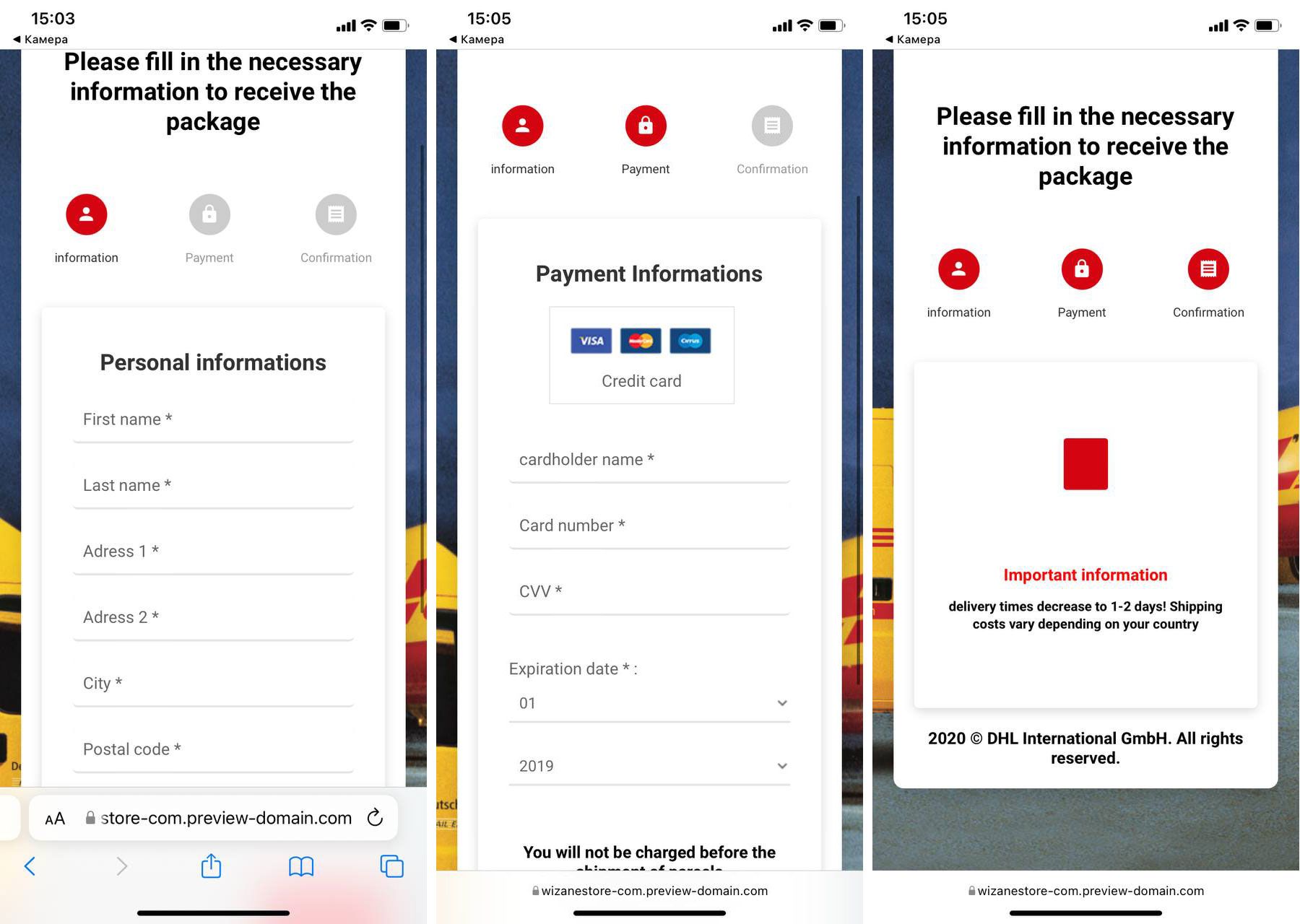 La web falsa de DHL solicita información personal, además de los datos de la tarjeta bancaria