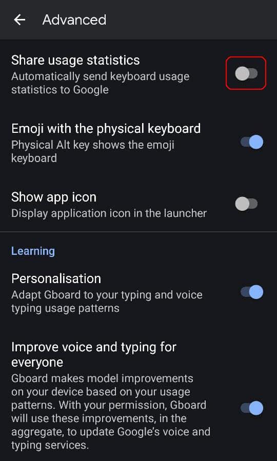Desactivar la opción "Share Usage Statistics " en Gboard reduce de forma considerable la cantidad de información recolectada
