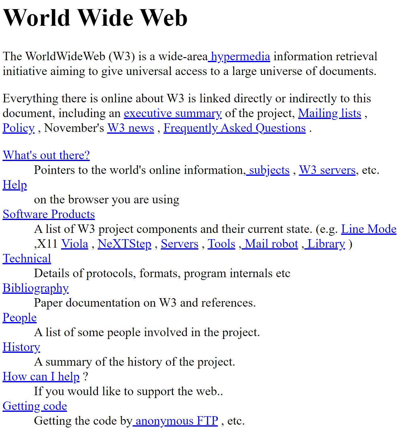 La prima pagina web della storia. Solo testo e link.