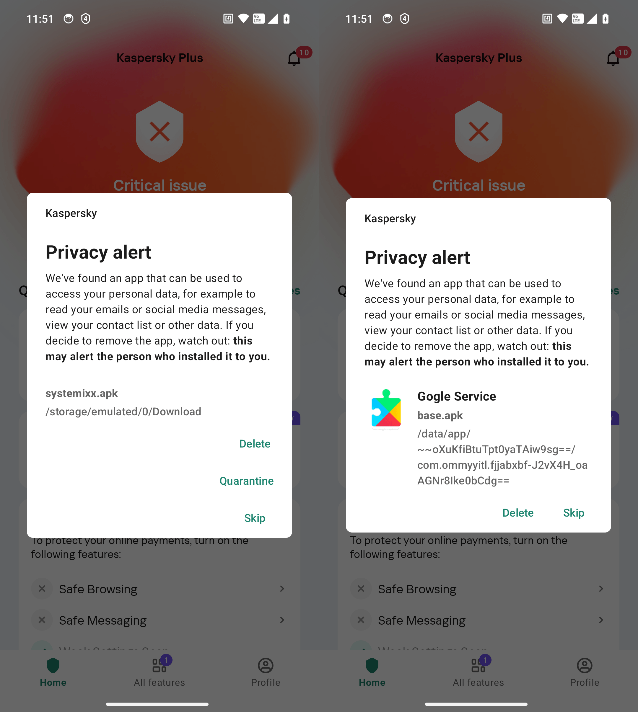 Kaspersky for Android rileva sia le app stalkerware installate (a destra) sia i relativi file di installazione (a sinistra)