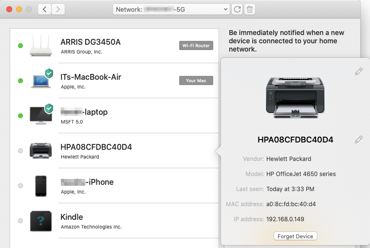 Les renseignements relatifs à un des dispositifs connectés à votre réseau incluent l'adresse MAC dont vous pouvez vous servir pour exclure définitivement le dispositif du réseau et le bloquer dans les paramètres de votre routeur