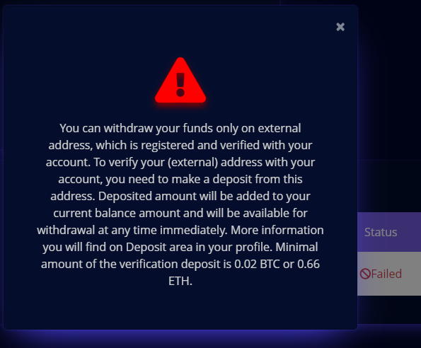 Le faux site d'échange demande un virement de 0,02 BTC ou 0,66 ETH pour associer le portefeuille cible au compte "gagnant"