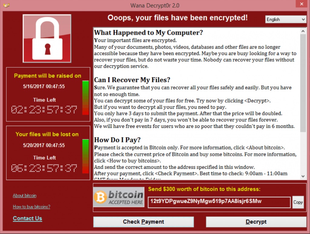 Demande de rançon de WannaCry qui apparaît sur l'ordinateur infecté. <a href="https://securelist.com/wannacry-ransomware-used-in-widespread-attacks-all-over-the-world/78351/" target="_blank">Source</a>