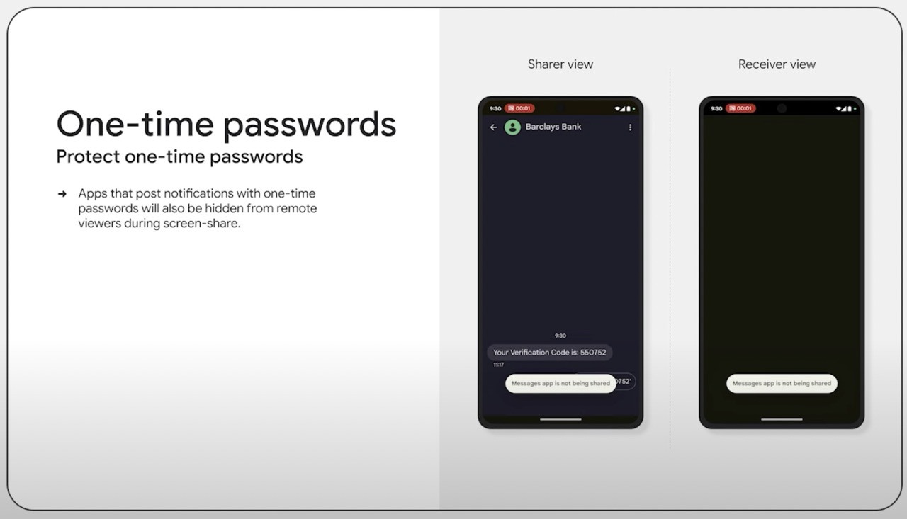 Android 15 masquera les fenêtres contenant des mots de passe à usage unique.