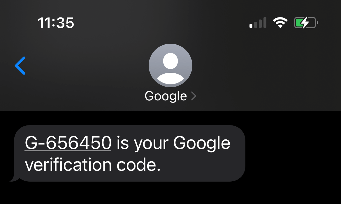 SMS com código de autenticação único da conta do Google