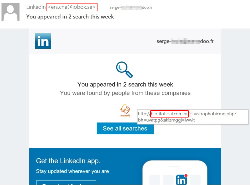 Unbekannte Absender-Adresse und ein Link mit einer brasilianischen Domain