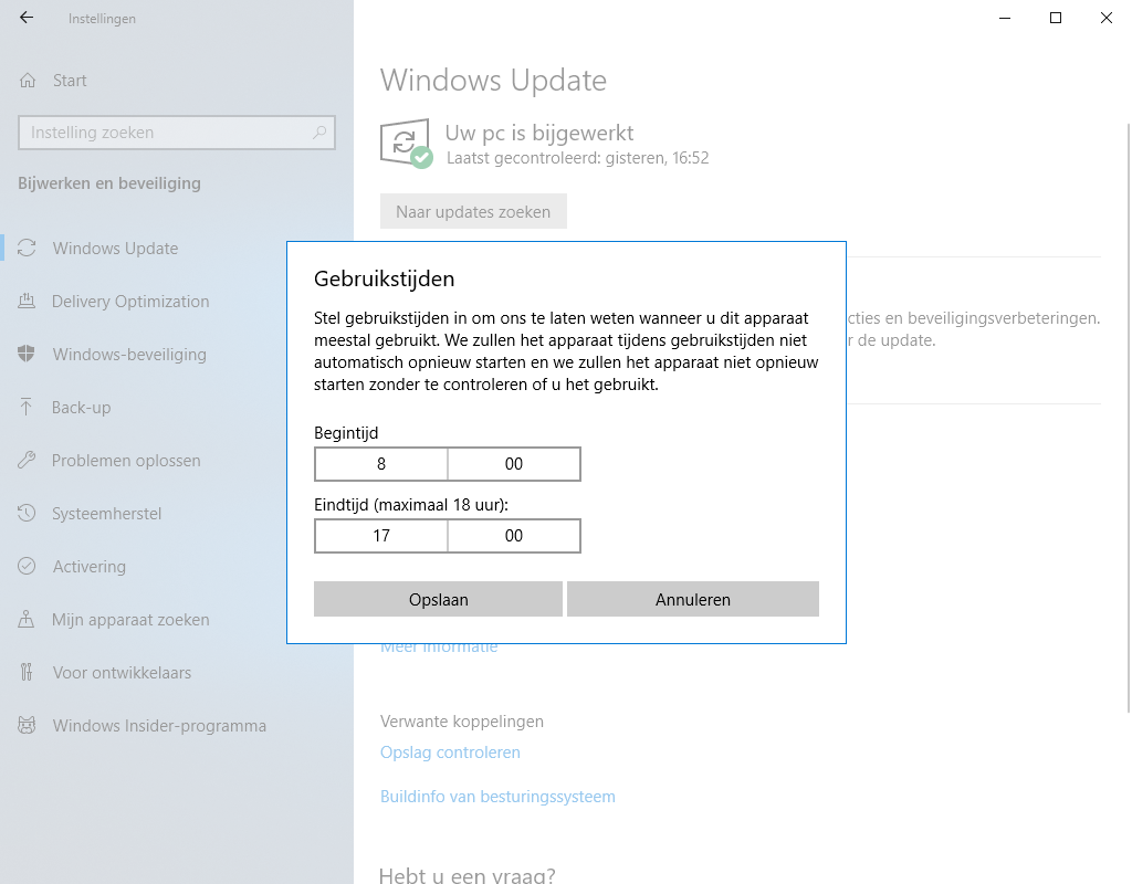 Specificeer de tijden waarop Windows Update niet zou moeten draaien zodat dit niet van invloed is op de gaming-prestaties