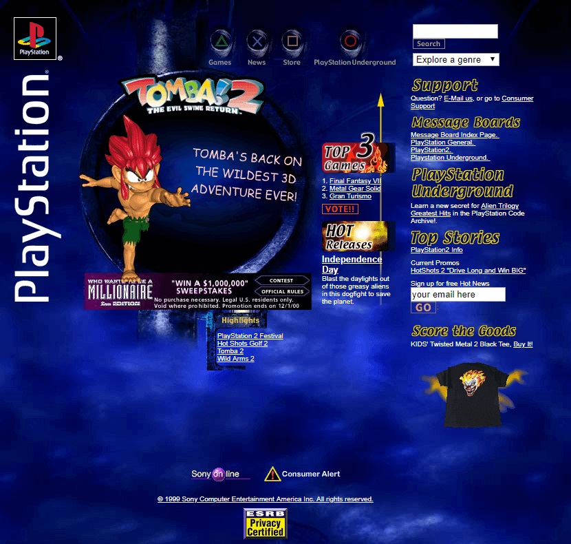 De Sony PlayStation-website in 2000. Een kleurenuitbarsting, maar de meeste elementen zijn uitgevoerd in gewone HTML. Het centrale, geanimeerde element bevat foto's, animaties en video's.