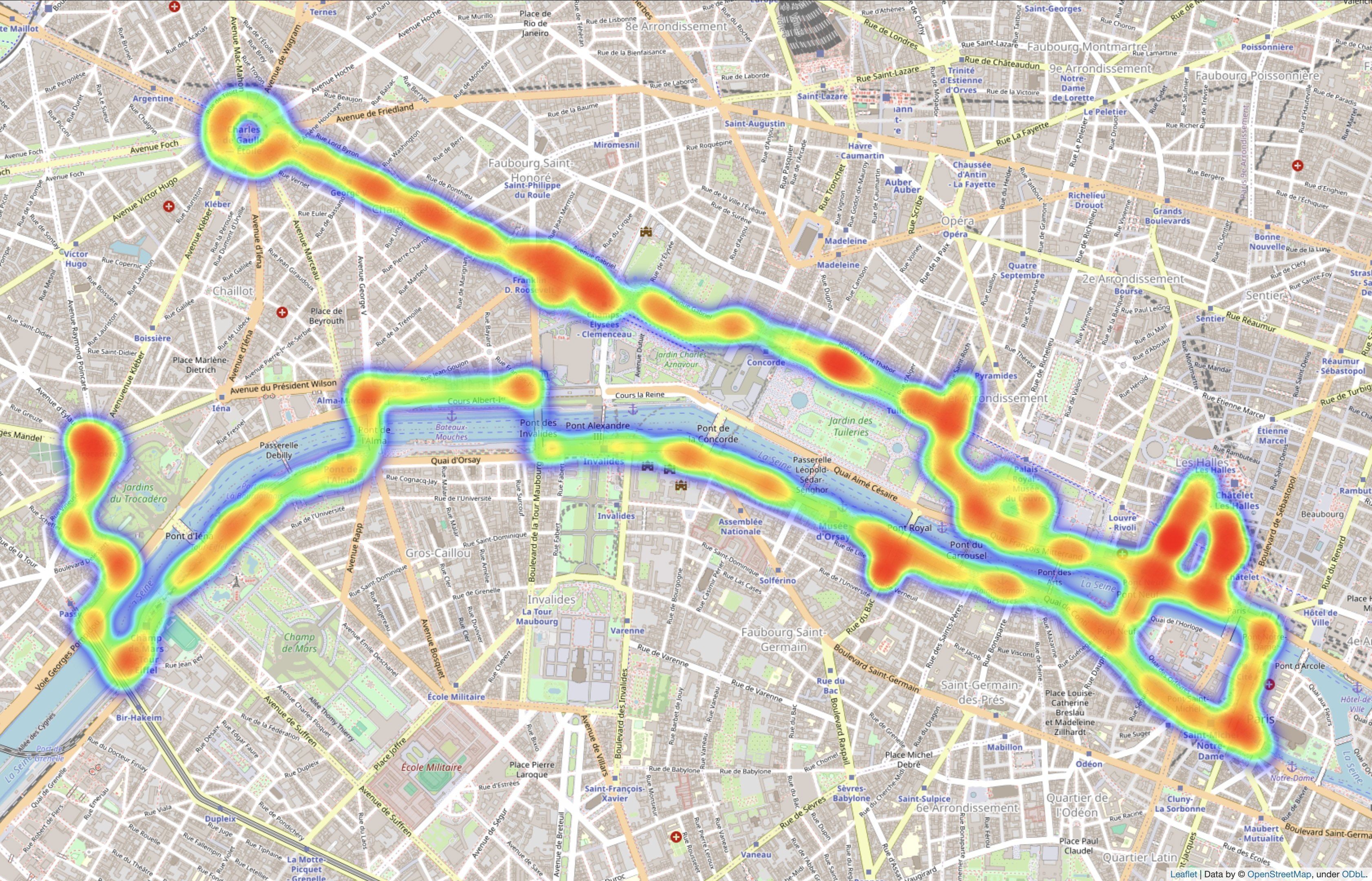 Heatmap met de verdeling van zowel veilige als onveilige openbare toegangspunten in Parijs. Rood duidt op een hoge concentratie onveilige hotspots. Groen geeft veilige hotspots aan
